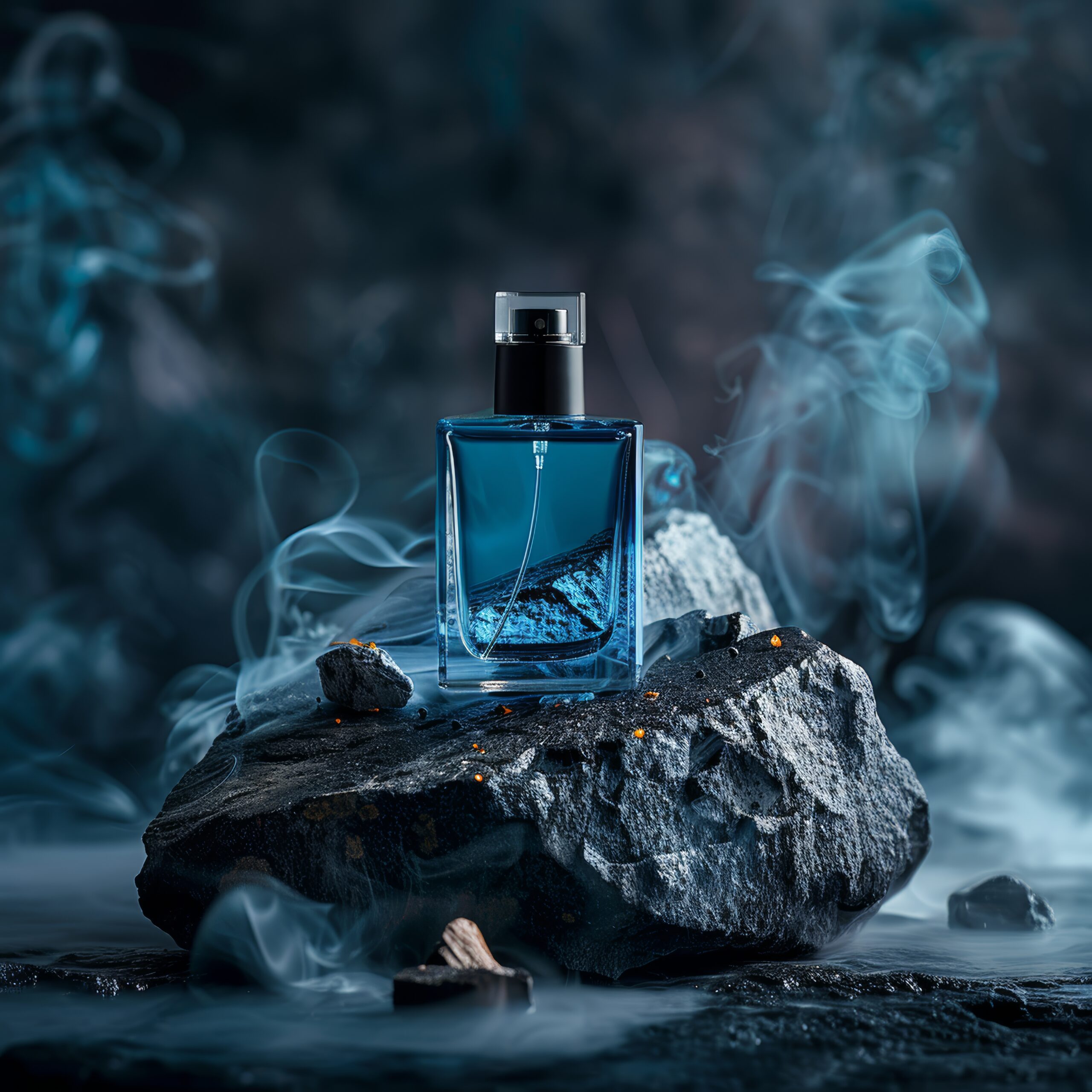 perfume ad on a rock with smoke effect generative ai